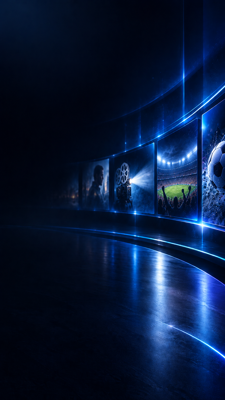 Donkere homecinema-omgeving met een boog van scherpe entertainmentbeelden